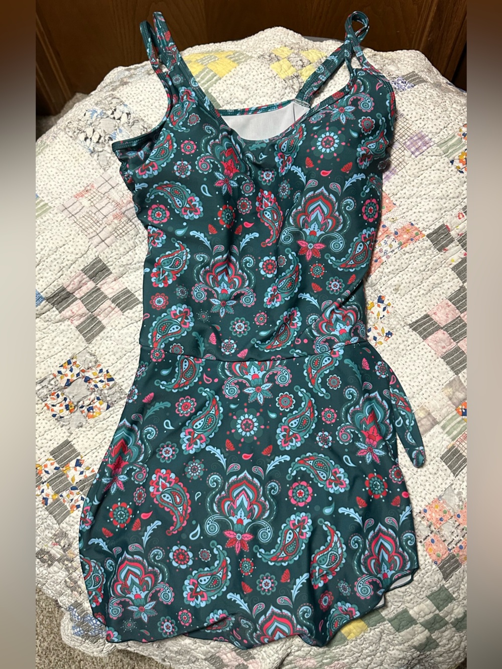 Amazon Women’s Teal Paisley One-Piece Swimsuit with Pink and Aqua Accents